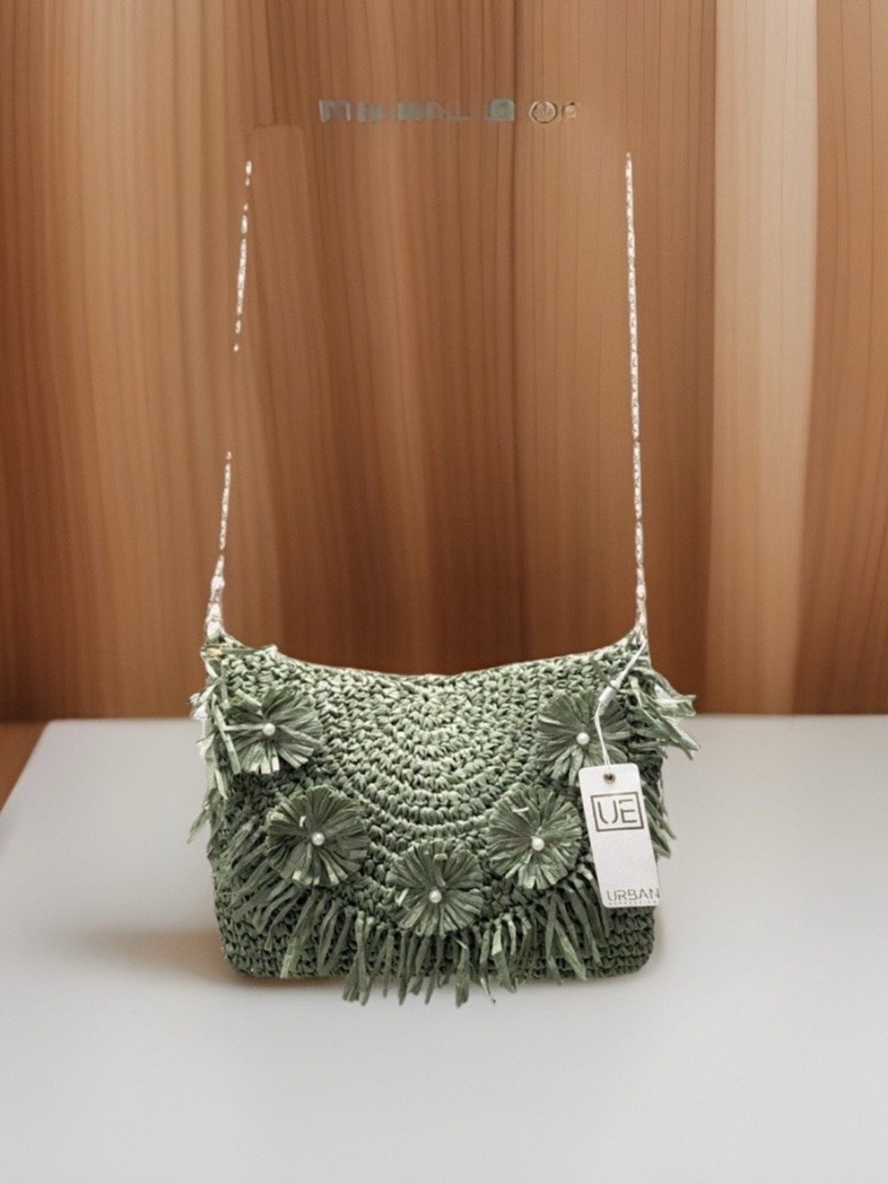 Urban Expressions Mint Green straw  Floral Fringe Crossbody Bag